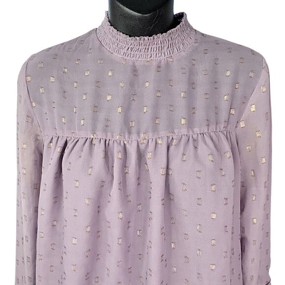 Sheer Long Bell Sleeve Lilac Mauve Flowy Peasant Blouse Gold Pattern Women’s M - Picture 2 of 8